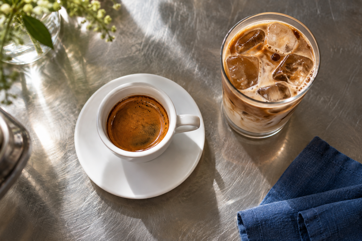 Espresso and iced latte on a café counter
